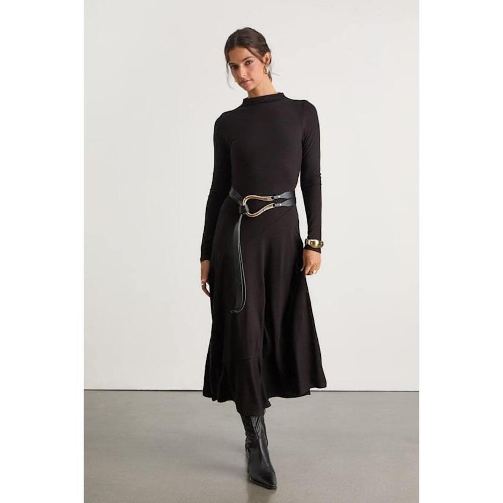 Lulus Corinne Black Jersey Knit Mock Neck Midi Dress - Size Small
